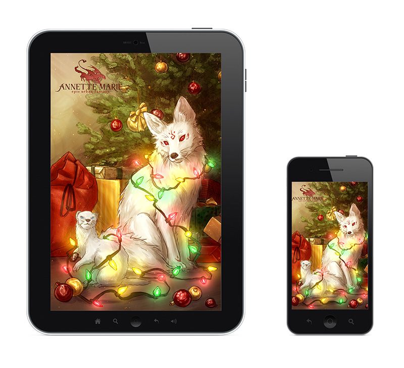  Artwork by Annette Marie - Rikr and Shiro playing with Christmas lights and tree. 